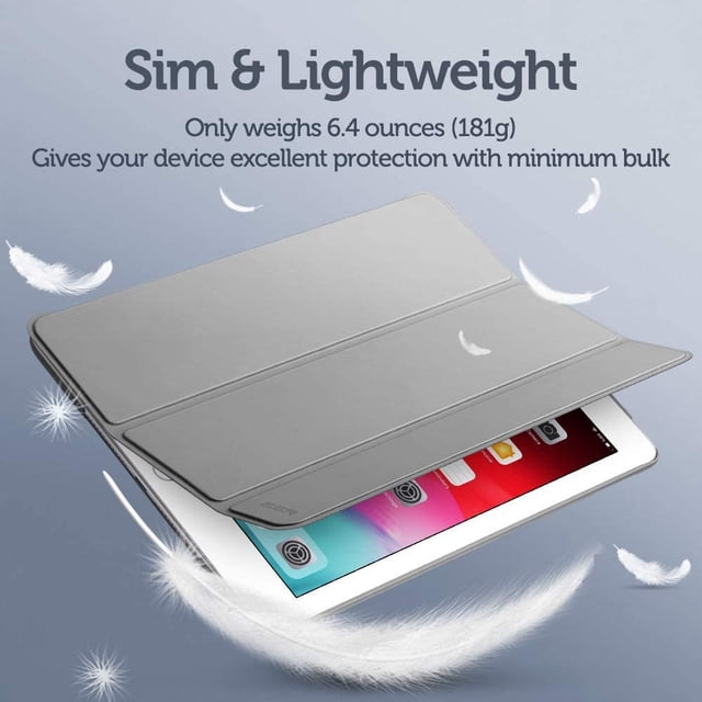 Premium Trifold Case for iPad 9.7 2018/2017 shown in a slim and lightweight design. The case features a grey polyurethane tri-fold front cover and a rubberized back cover, providing protection against scratches and bumps. It includes auto wake and sleep functionality with built-in magnets and offers convenient stand positions for typing and viewing. Compatible exclusively with iPad models A1822, A1823, A1893, and A1954.