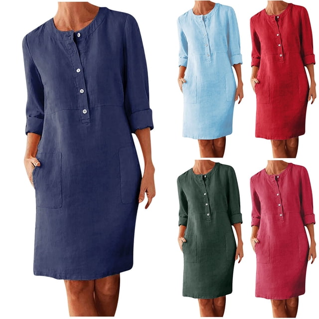 Meichang Robes Mini en Lin pour Femmes Décontractées à Manches Longues Demi-Boutonnage Col Ras du Cou Robe d'Automne Unie Légère Robes de Travail Grande Taille