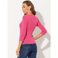 thumbnail image 4 of INSPIRE CHIC Women's V Neck 3/4 Sleeves Solid Knitted Buttons Decor Ruched Top Small Hot Pink, 4 of 5