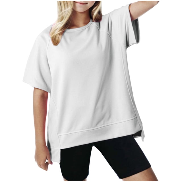 Plebaso T-shirts Surdimensionnés pour Garçons Filles Manches Courtes Décontractés T-Shirts Unis Enfants Col Rond Hauts Légers
