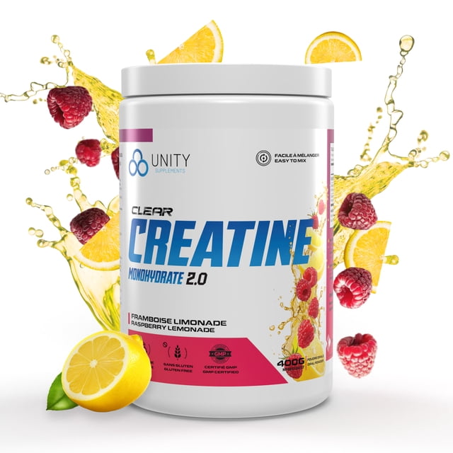Unity Supplements Flavored Creatine Monohydrate 400g (60 servings) in Raspberry Lemonade flavor. The container features a sleek white design with bold blue and pink text, highlighting its 5g pure creatine per serving, easy mix formula, and GMP-certified quality. Surrounding the container are vibrant raspberries and lemon slices with splashes of liquid, emphasizing the refreshing flavor.
