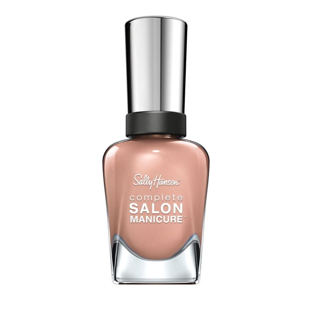 Sally Hansen Complete Salon Manicure Nail Polish in nude beige with a glossy finish, in a clear glass bottle with a reflective silver cap, featuring chip resistance and keratin complex for stronger nails and salon-quality results at home, also suitable for precise at-home nail care.