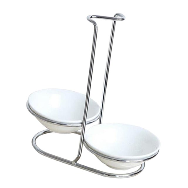 simhoa Spoon Rest Holder Long Handle Vertical Saving Soup Ladles Double round bowl. A polished stainless steel stand with a vertical handle and two removable white ceramic bowls, designed to hold spoons or ladles upright. Ideal for keeping countertops clean and organized in the kitchen.