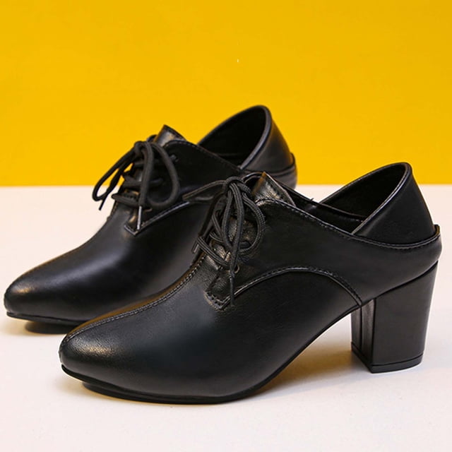 Escarpins Épais à Lacets à Bout Fermé pour Femmes, Talons Blocs Bas à Bout Pointu, Chaussures Habillées Classiques Vintage Oxford