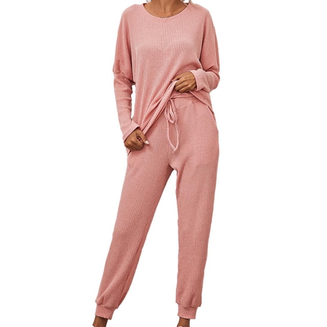 Mrat Knit Two Piece Outfits for Women Long Sleeve Ribbed Tops Drawstring Pants with Pockets Sweatsuit Set S-2 Pink-a S