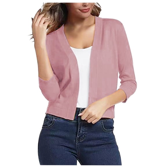 LNGOOR Women‘s Casual Cropped Knitted Cardigan 3/4 Sleeve Lightweight Open Front Sweater Blouse Ladies Fall Spring Outwear Mint Green