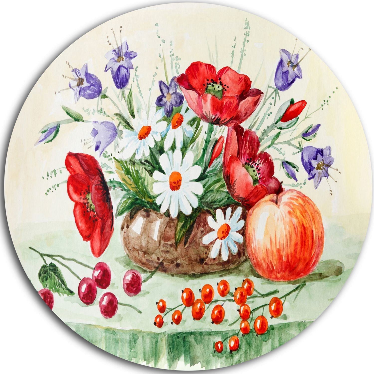 Design Art Colourful Bunch of Flowers And Fruits' Ultra Glossy Floral Metal Circle Wall