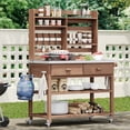 thumbnail image 2 of Noble House 64.9" Outdoor Potting Bench & Kitchen Island, Solid Wood with Upper Hutch, Stainless Top & Towel Rack,Brown, 2 of 8