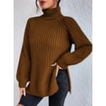 thumbnail image 3 of EYIIYE Chandail d'Automne et d'Hiver pour Femme à Manches Longues, Col Roulé, Tricot, Chandail, Couleur Unie, Ourlet Fendu, Long Tricot, Chandail, Ample, Décontracté, Confortable, Hauts, 3 of 8