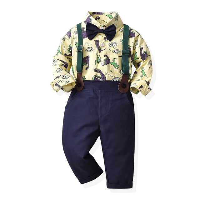 Baby Boy Spring Outfits Boys Spring Long Sleeve & Strap Pants Suit Outfit for Baby Toddlers Printing, featuring a yellow dinosaur-print long-sleeve shirt, navy blue pants, green suspenders, and a navy bow tie. Made of soft cotton, suitable for photography, casual wear, or active performance settings. Ideal as a baby boy gift set.