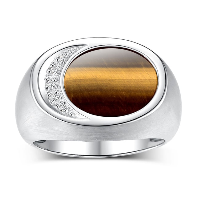RYLOS Men's Designer Ring in Sterling Silver 925: Features Diamonds around Tiger Eye - Available Size 13