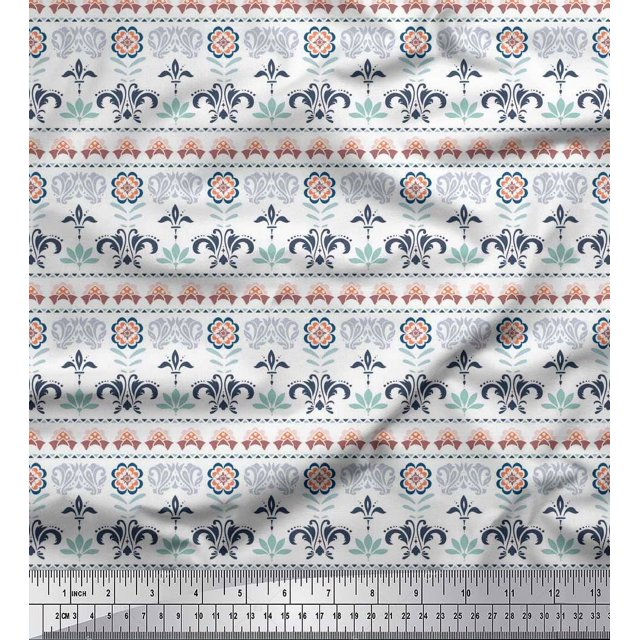 Soimoi Polyester Crepe Fabric Leaves & Floral Block Print Sewing Fabric Yard 52 Inch Wide
