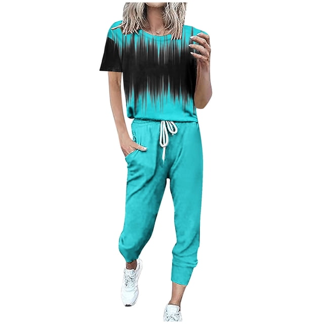 Ensembles Courts pour Femmes, Tenue 2 Pcs, Ensemble de Sport Décontracté en Polyester, Manches Courtes avec Pantalon Long