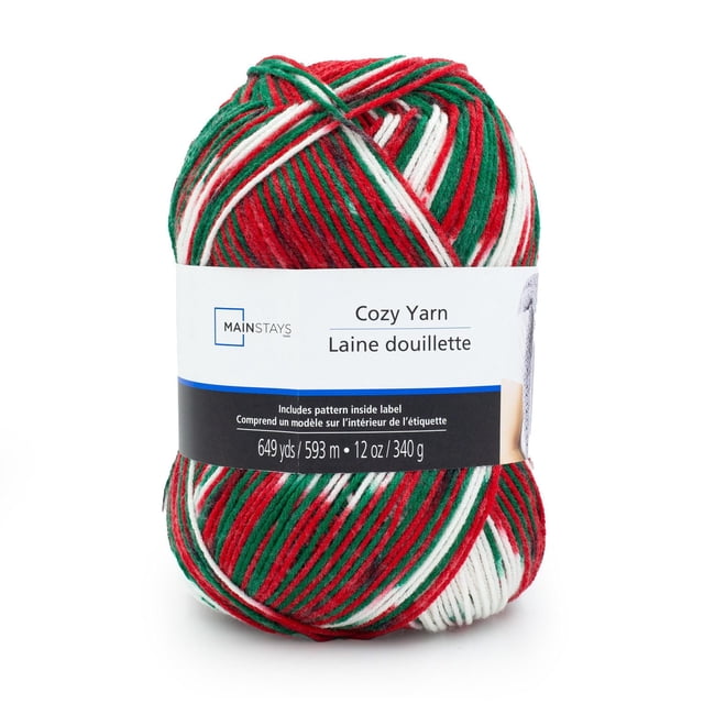 Mainstays Cozy Fil Acrylique Moyen 1 Pelote à Rayures Panachées Rouges, Vertes et Blanches, 340 g (12 oz) avec 593 m (649 yds) de Longueur, Enveloppé d'Une Étiquette Blanche Présentant un Texte Bilingue et le logo de la Marque, Fil de Poids Moyen Lavable à la machine, Convient au Tricot, au Crochet et à l'Artisanat, Accessoires Chauds.