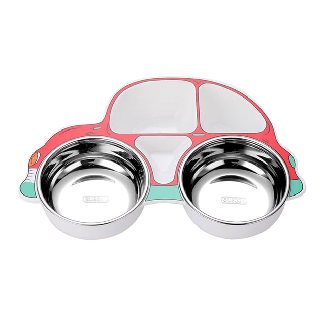 Guardoinrt Stainless Steel Kids Tableware Set Spoon Fork Cartoon Car Shape Compartment Design Baby Bowl Cutlery for Kitchen Red Car/Bowl/removable