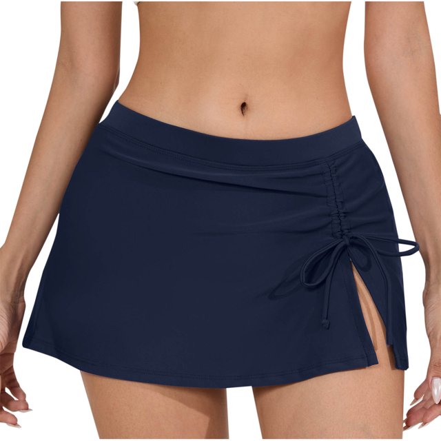 Women's High Waisted Ruched Swim Skirt Drawstring Split Tummy Control Tankini Swimsuit Bathing Suit Bottoms