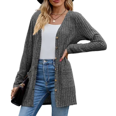 AELand Women's Long Sleeve Cardigan Sweater Lightweight Button Down Brushed Knit Tops with Pockets,S~2XL