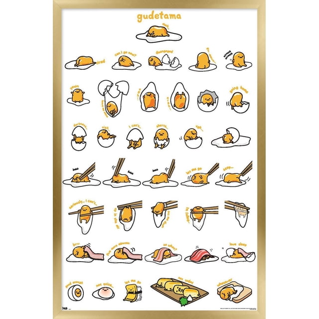 Gudetama - Grid Wall Poster, 14.725" x 22.375" framed, featuring multiple cartoon illustrations of the lazy egg character Gudetama in various poses with yellow captions on a white background, perfect for wall art and room décor in bedrooms, offices, or dorms.