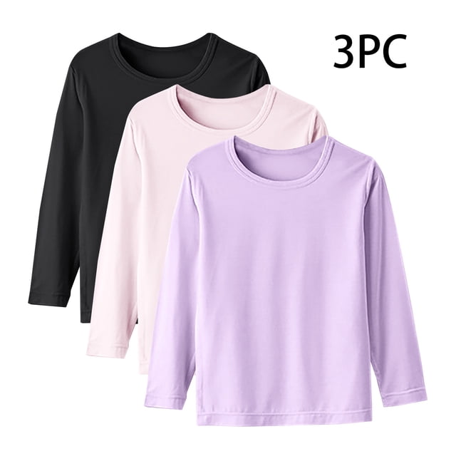 YUNAFFT Boys & Girls Layering Tee Slim Fit Pure Color Long Sleeve Round Neck Basic Tops 3-Pack Casual Everyday Style