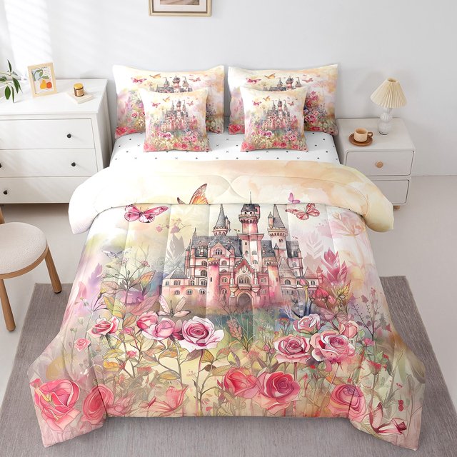 Ensemble de literie de château de rêve pour enfants YST 7 pièces - Ensemble de couette princesse pleine taille avec design floral et papillon volant à la rose chic, complet
