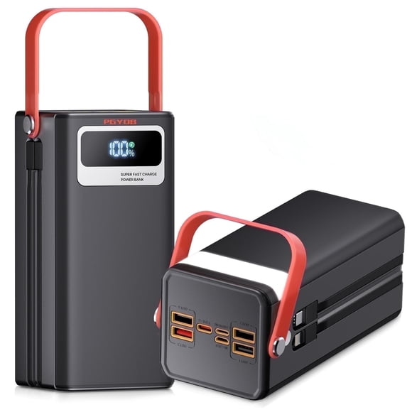 PGYOB Portable Chargeur Banque d'Alimentation 70000mAh avec Lumière LED et Câbles de Charge, 120W Super Charge Rapide pour Ordinateur Portable/iPhone/téléphone Cellulaire Android, pour Camping Extérieur/maison/sauvegarde d'Urgence/voyages en VR