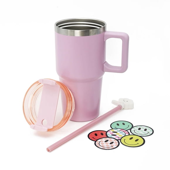 Kids Pink 20oz Stainless Steel Tumbler with Straw, Cloud Straw Topper & 6 Removable Smiley Stickers