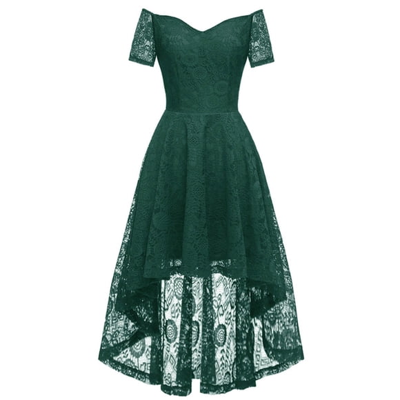 LOVZFMLL Ladies Vintage Princess Floral Lace Cocktail Off Shoulder Party Wedding Dress Army Green M