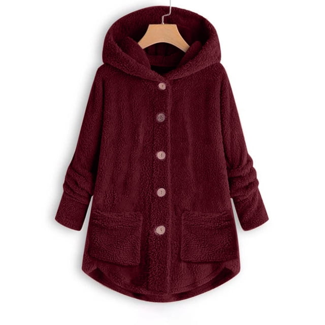 Qertyioot Women Plus Size Button Plush Tops Hooded Loose Cardigan Wool Coat Winter Jacket