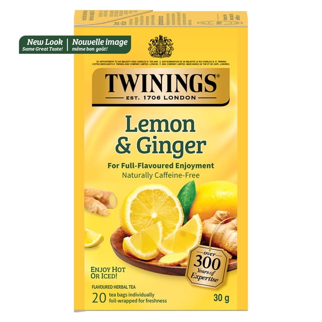 Twinings Lemon & Ginger Herbal Tea Bags, Lively & Spicy, Naturally Caffeine Free, 20 Count