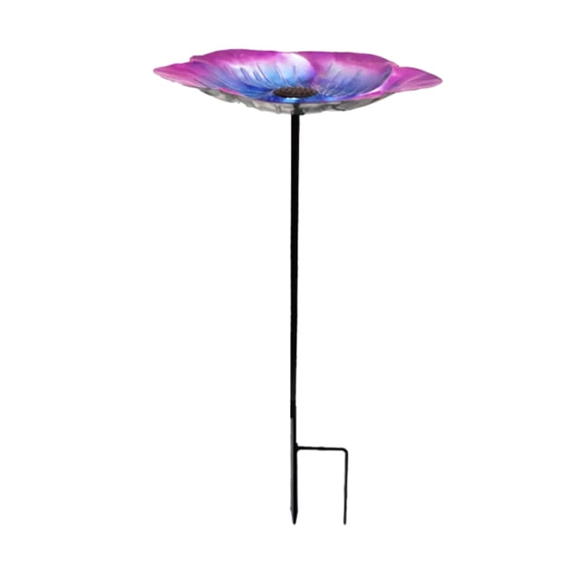 Visland Bird Bath with Metal Stake featuring a vibrant flower-shaped tray in pink and blue tones, supported by a durable black metal pole with a ground insertion base. Weather-resistant and adjustable height design for attracting various bird species, suitable for outdoor use in gardens or patios.