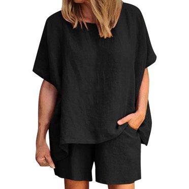 Ketyyh-chn99 T-Shirts à Manches Courtes pour Femme Shorts en Lin Femmes Ensembles d'Entraînement Tenues de yoga Manches Courtes Détente Poche Pantalon de Survêtement pour la Maison Brun,TG