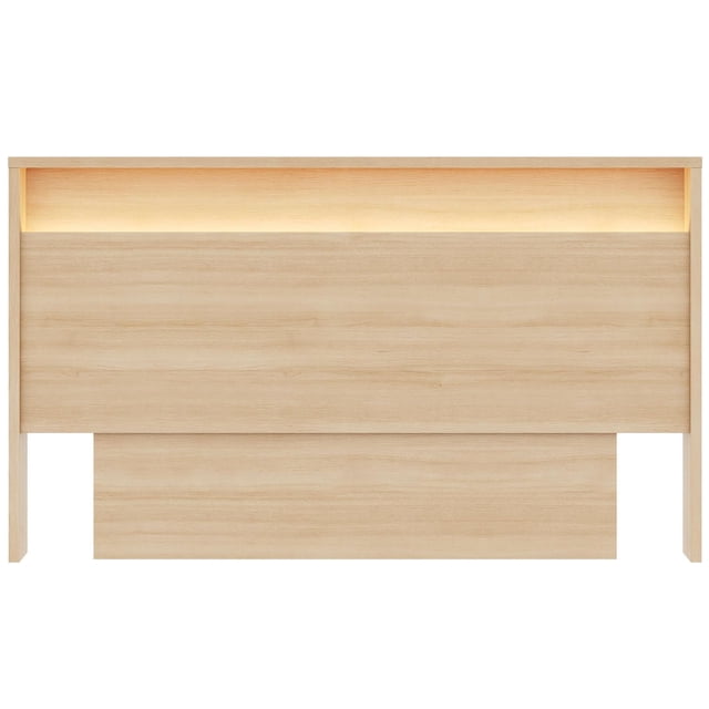 Tête de Lit Gael avec Éclairage Intégré, Fini Chêne Blond Naturel, Présentant une silhouette Rectangulaire Moderne avec Tablette Intégrée et Éclairage DEL Chaud Intégré à Brancher le Long du Bord Supérieur, Fabriquée en Bois d'Ingénierie avec texture de grain visible, Convient pour Agencer avec les Cadres de Lit Grand Nexera.