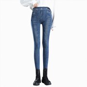 Splozh Leggings for Women Soft Women Stretch Waist High Stretch Imitation Denim Pocket High Waist Cotton Winter Fleece Tight Leggings Blue,One Size