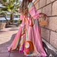 thumbnail image 4 of Women Summer Flower Print Loose Fit V Neck Button High Split Long Dress, 4 of 8