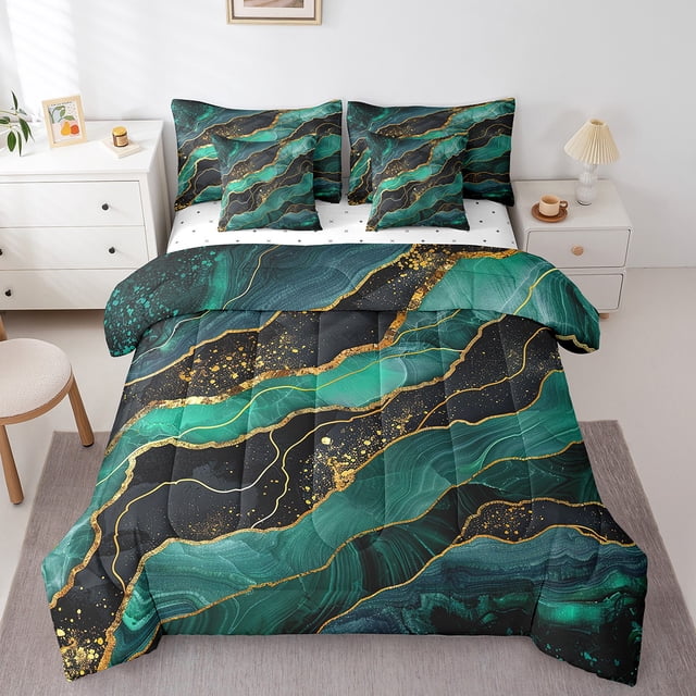 YST 7 Pcs Green Marble Comforter Set Queen, Gold Glitter Abstract Marbling Bed In A Bag With Flat Sheet And Fitted Sheet For Adults, Stone Pattern Fluid Bedding Set With Pillowcases & Shams