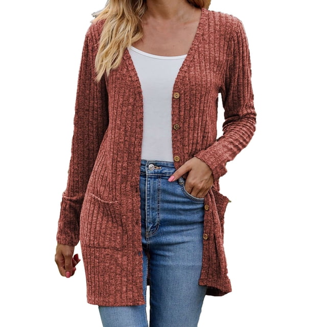 Yuyuzo Women's Cardigan 2025 Fall Casual Button down Sweaters Open Front Ribbed Knit Sweater Coat with Pockets