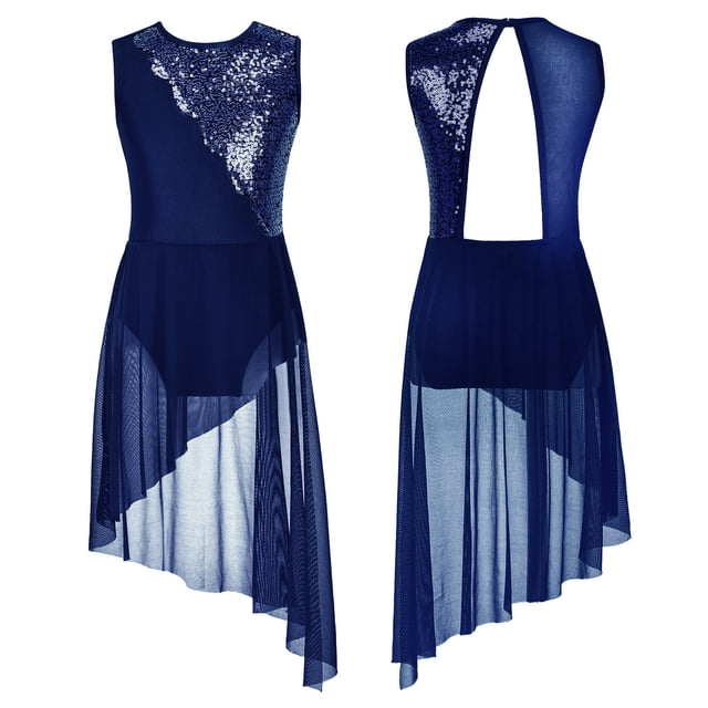 XUNZOO Robe de Danse Lyrique pour Filles Costume de Danse Ballet Jazz Latin Performance Camisole à Sequins Bleu Marine 14