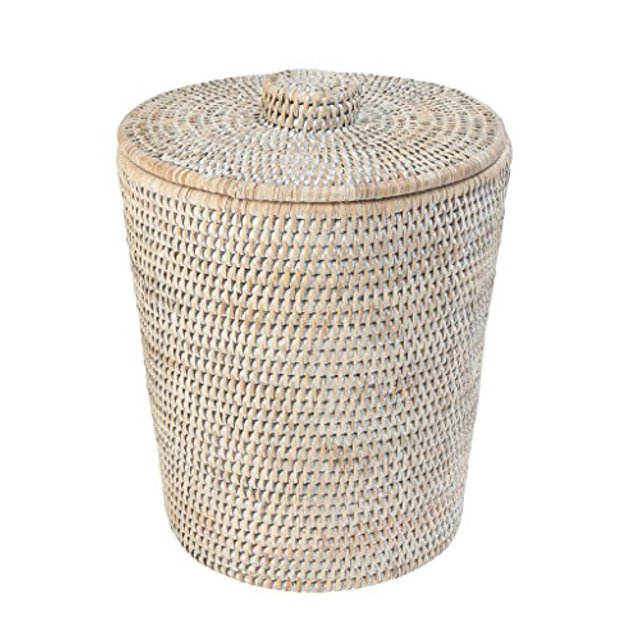 KOUBOO la Jolla Corbeille Ronde en Rotin avec Insert en Plastique et Couvercle, Blanchie
