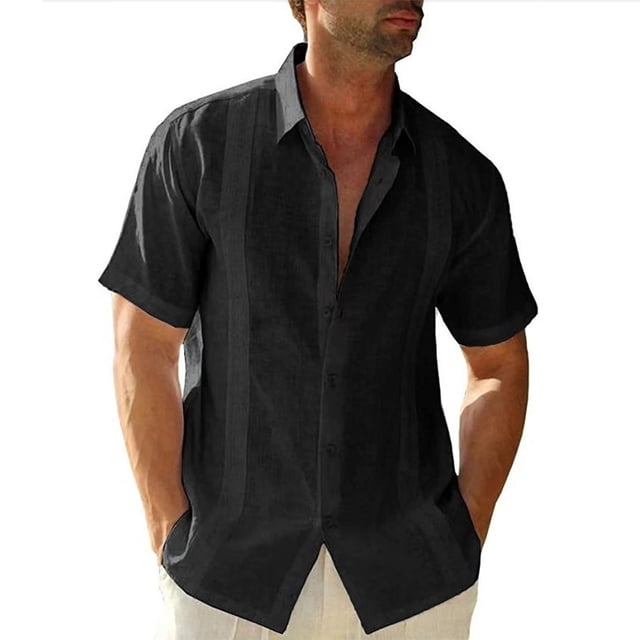 Wweixi Men's Button Down Shirt Boys Summer Pool Party Beach Walking Solid Color Simple Design Tops Daily Working Clothes Black M