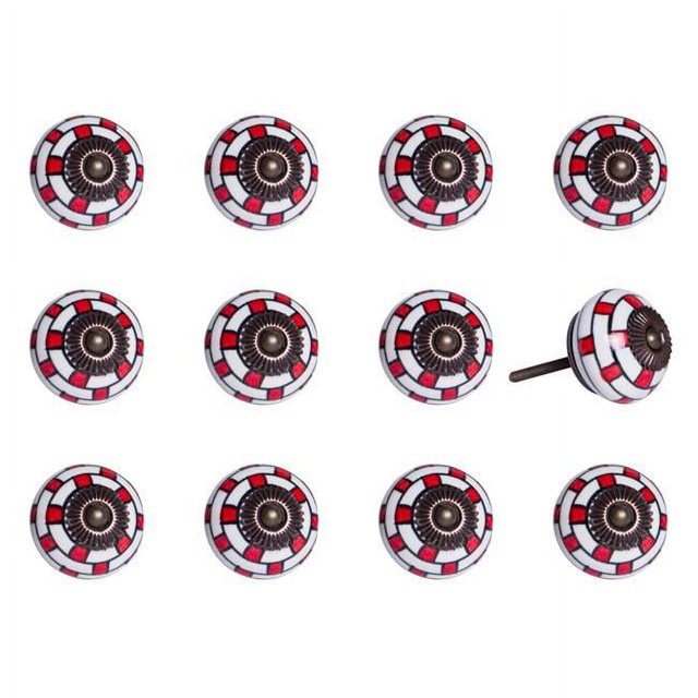 Knob-it 676685032904 Ensemble de Boutons Ronds Vintage Peints à la Main - Blanc & Rouge - Lot de 12