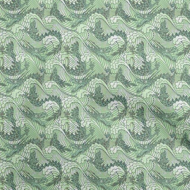oneOone Rayon Green Fabric Asian Japanese Wave Craft Projects Decor Fabric Printed By The Yard 56 Inch Wide