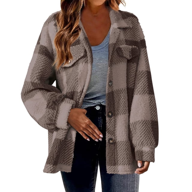 Timegard Womens Jacket Plus Size Plaid Stand Collar Button down Fleece Hooded Jacket Winter Fuzzy Warm Coat