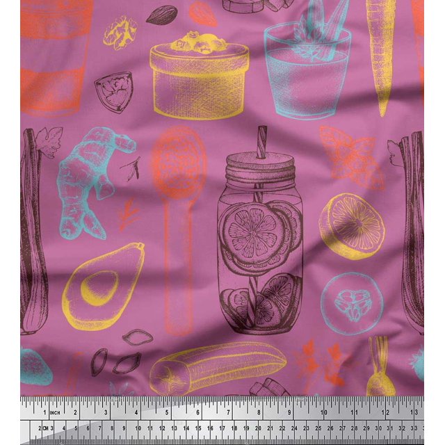 Soimoi polyester Crepe Fabric Vegetables,Jar & Cups Printed Craft Fabric by the Yard 42 Inch Wide