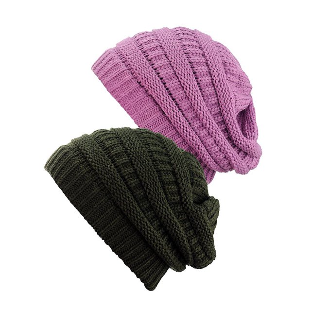 Womens Knit Beanie Cap Hat (2 PACK), New Olive/New Lavender