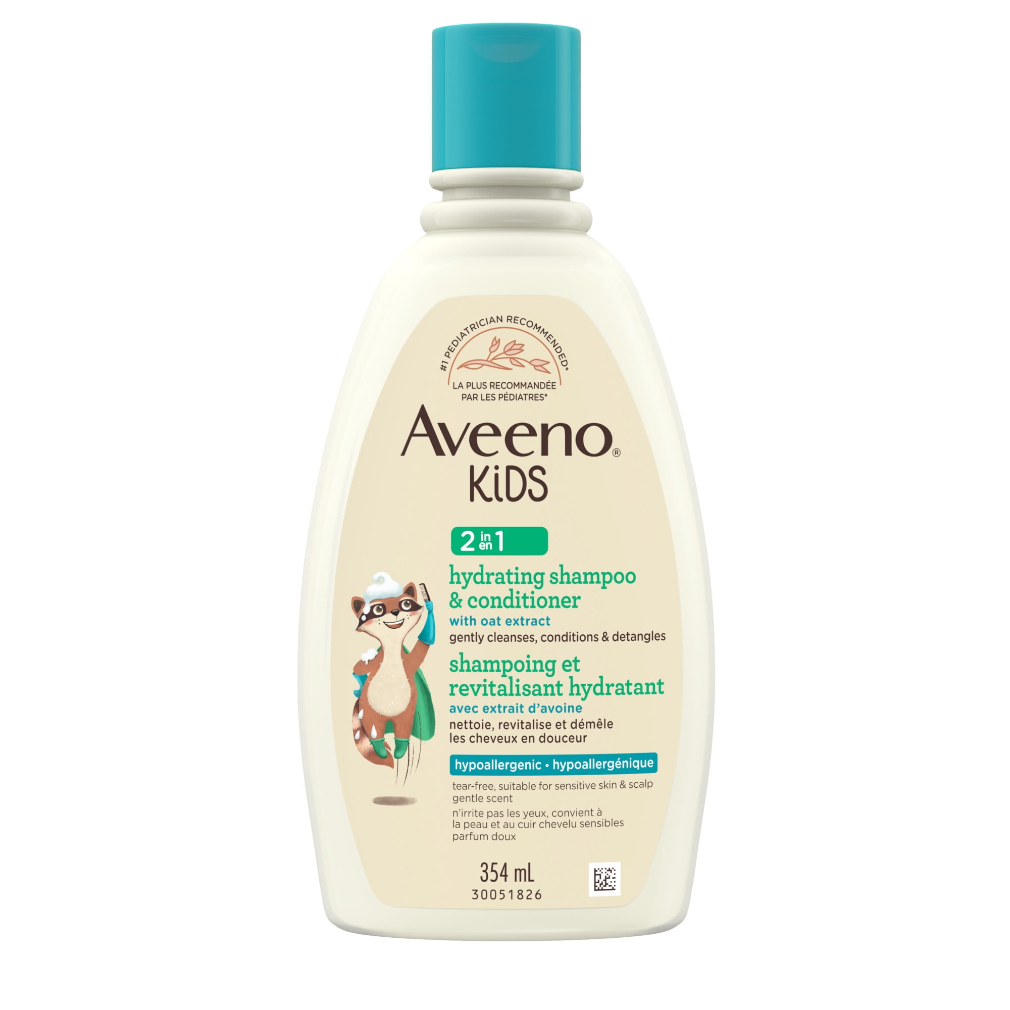 Shampooing et revitalisant hydratant 2 en 1 Aveeno Kids avec extrait d’avoine, shampooing sans sulfates, revitalisant de soins capillaires, n’irrite pas les yeux, peau, cuir chevelu sensibles, 354 ml