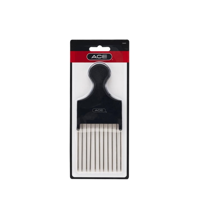 Ace Metal Pick hair comb with a black plastic handle and long metal teeth, packaged in clear plastic with a red and black header card showing the Ace logo, designed as a hair styling tool for detangling and adding volume, suitable for use on one section at a time.