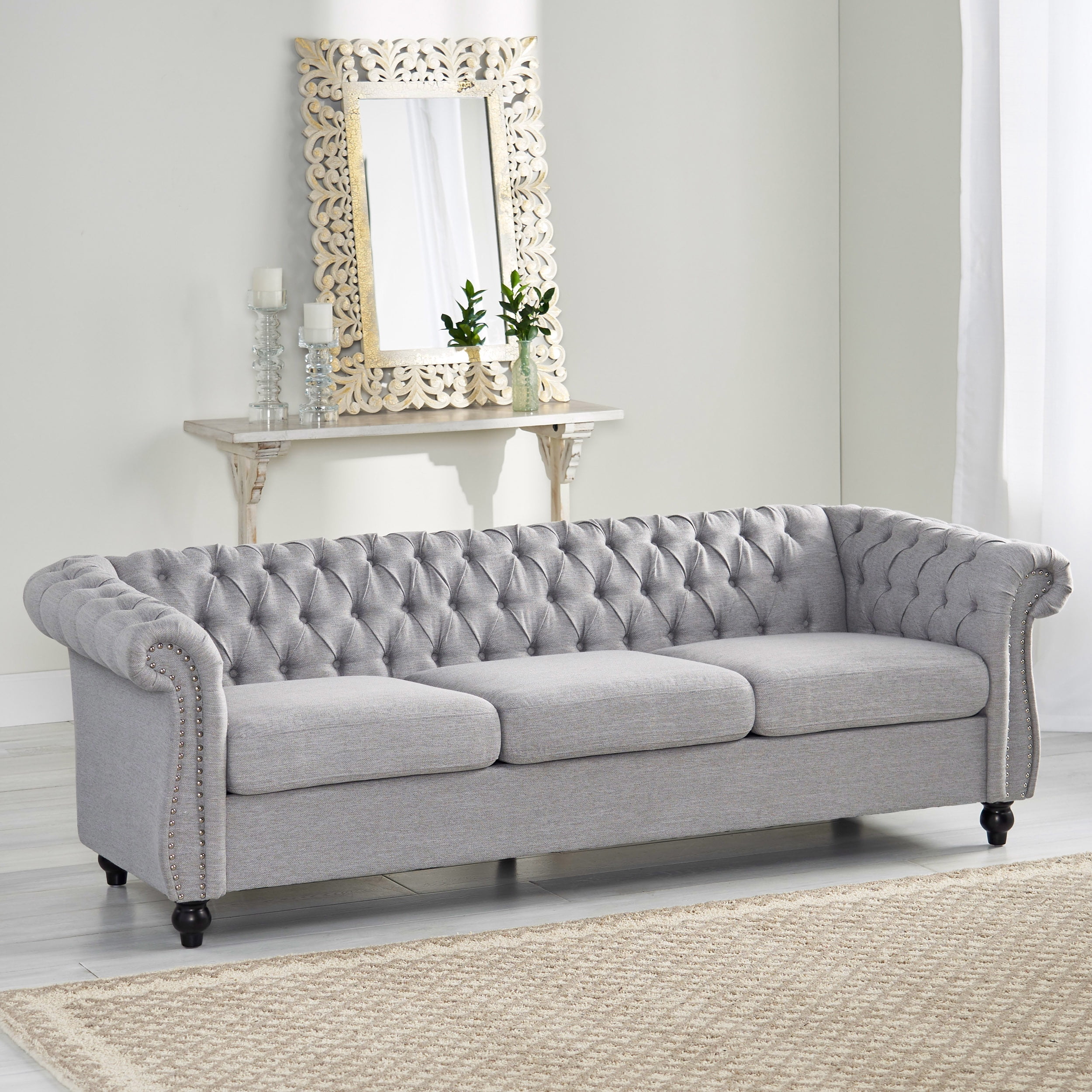 3-Seater Sofa Chesterfield Style Deep Button Tufting and Scrolled Arms Classic Sofa with Turned Legs for Living Room Cloud Grey 1 Pc
