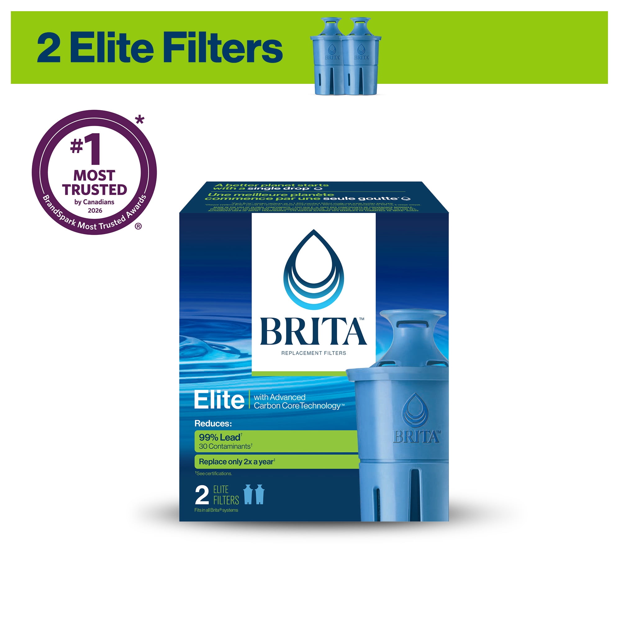 Filtre de rechange Brita Elite, réduit plus de 30 contaminants, certifié par la WQA pour la réduction du plomb, des microplastiques, du chrome et du chlore, Paquet de 2
