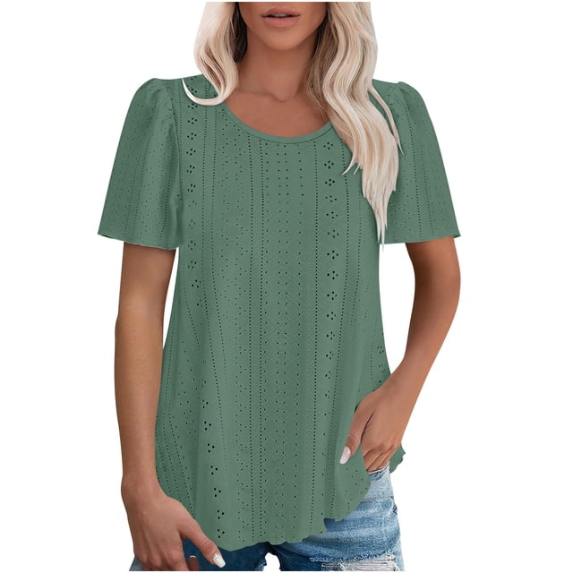 Timegard Eyelet Tops for Women Scoop Neck Ruched Short Sleeve Loose Summer Beach Casual Comfy Top tee