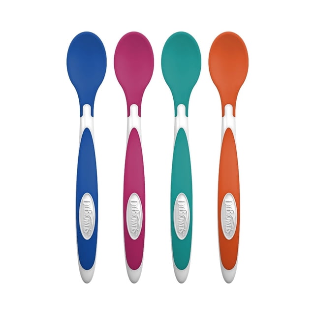 Dr. Brown's Designed to Nourish Temp Check Color Change Spoons 4-pack with blue, magenta, teal, and orange soft silicone heads and white handles embossed with the Dr. Brown's logo, featuring elevated spoon rests and flexible shallow scoops for safely checking baby food temperature.
